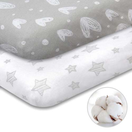 Pack n Play Sheet | Mini Crib Sheet - 2 Pack, 100% Jersey Cotton, Fits Graco Pack and Play, Grey & White