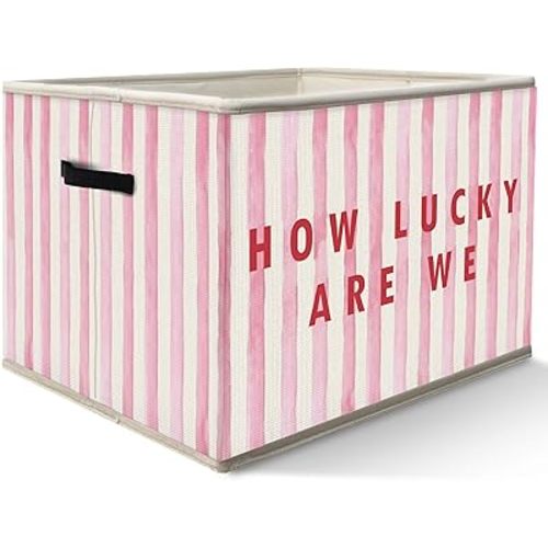 ZOFGUO Inspirational Pink Storage Bin, Preppy Girly Striped Collapsible Storage Baskets for Girls Dorm Room Decor, How Lucky are We Foldable Basket Box with Handle for Home Bedroom Office