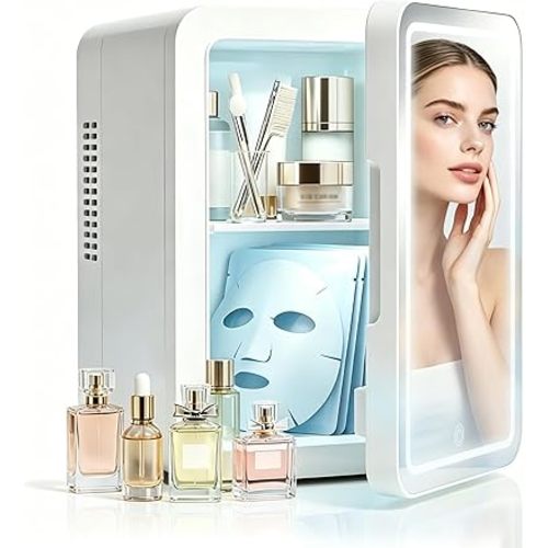 Lispin Mini Fridge for Bedroom, 4L Skincare Fridge with Dimmable LED Light Mirror for Dorm & Office, Portable Cooler & Warmer Small Compact Refrigerator for Skincare, Makeup and Cosmetics
