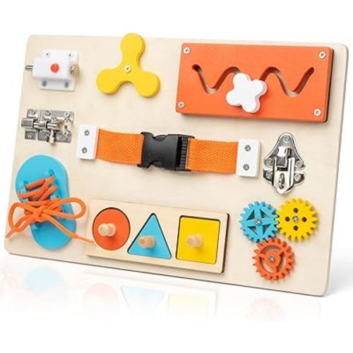 Montessori Busy Board for Toddlers, 9-in-1 Wooden Sensory Toys for Fine Motor Skills, Educational Activity Board for Preschool Learning, Travel Toys Gift for Boys Girls 3 4 5