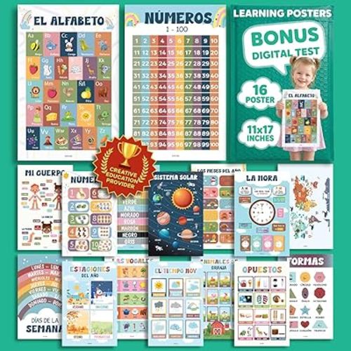 EXCOOL CLUB 16 Spanish Classroom Posters For Elementary - Colorful Bilingual Educational Posters For Toddlers 1-3, Laminated Learning Poster Preschool Must Haves, Abecedario Para Niños En Español