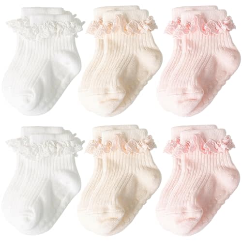 AQOKKA Baby Girl Toddlers Socks with Non-slip Grip Cute Frilly Ruffle Ankle Soft Cotton Newborn Baby Socks for Infant Kids