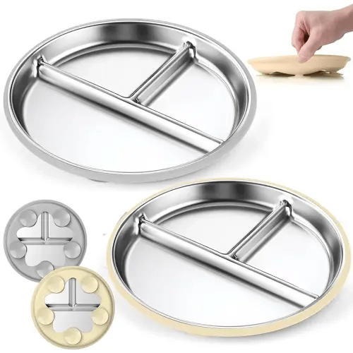 OVV Stainless Steel Kids Plates (2 Pack) – 9 Inch Toddler Divided Plates with ﻿Removable Silicone Sleeves & 5 Suction Cups Baby Self Feeding | Mess-Free Mealtime | Dishwasher Safe