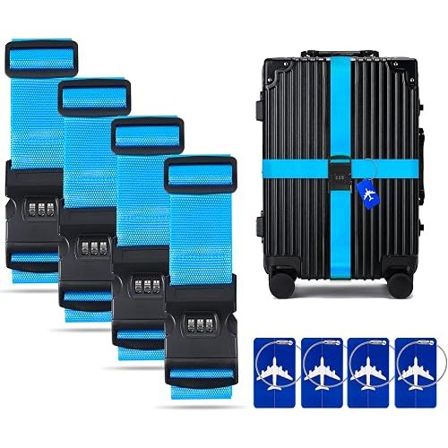 BILIONE 4 Pack Luggage Straps for Suitcases with Password Lock & Metal Tags, Adjustable Suitcase Belt & Travel Belt, Secure & Identify Luggage Connector Straps to Connect Two Bags 20-34 Inch (Blue)