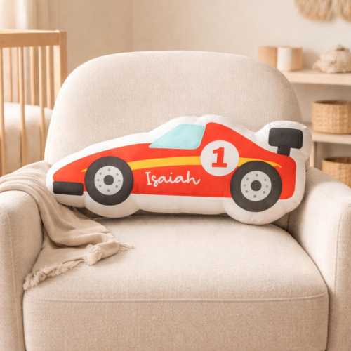 Red Race Car Shape Pillow, Personalized Nursery Decor, Motorsport Playroom Accent, Kids Room Cushion