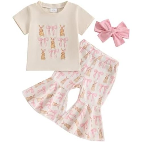 YINGISFITM Toddler Baby Girl Easter Outfit Short Sleeve Bunny Shirt Top Bell Bottoms Pants Kids Easter Clothes Summer