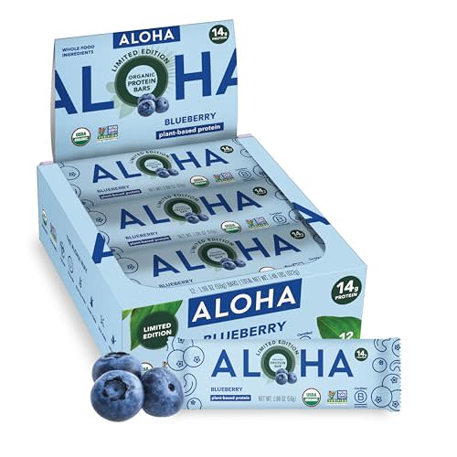 ALOHA Organic Plant Based Protein Bars | Blueberry, 12 Count, 3g Sugar | 14g Plant-Based Protein, 10g Fiber | GLP-1 & Keto Friendly, No Sucralose or Stevia | Non-GMO, Gluten, Dairy & Soy Free
