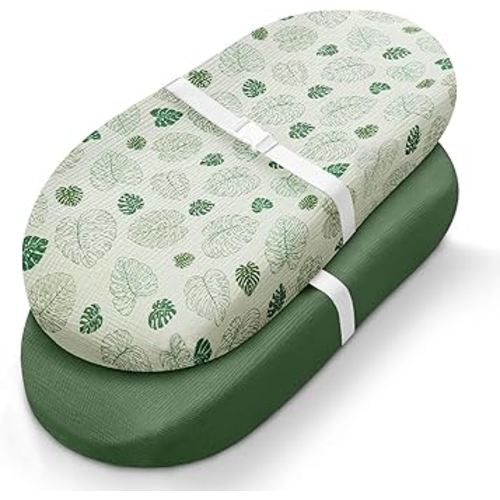 Blissful Diary Muslin Changing Pad Cover for Girls Boys, Soft Baby Diaper Change Table Pad Covers, 2 Pack (Monstera Leaves & Dark Green, Avocado)
