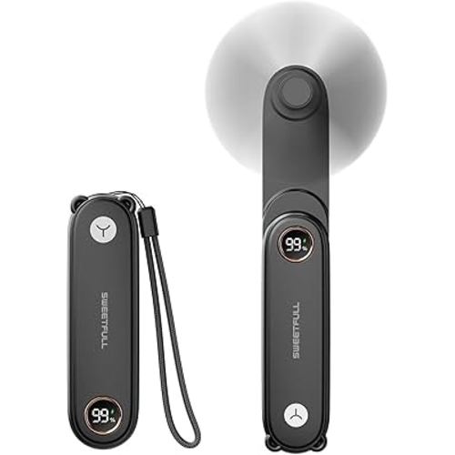 SWEETFULL Portable Handheld Mini Fan with LED Display, 3-in-1 Personal Foldable USB Rechargeable Hand Held Fan & Flashlight for Travel, Lash Eyelash, Cute Small Pocket for Women, Girls