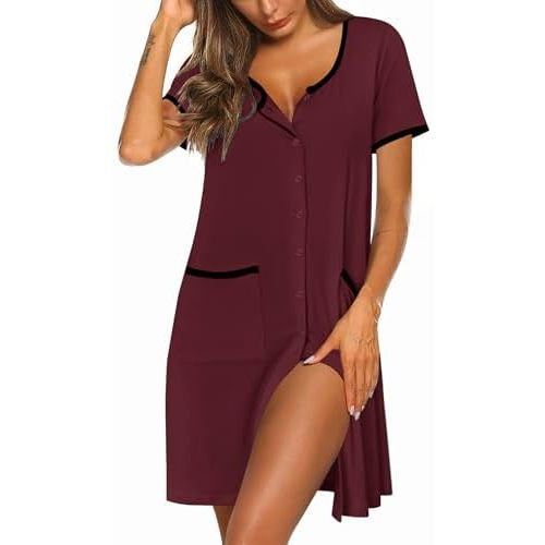Ekouaer Nightgowns for Women Bamboo Viscose Button Down Sleep Shirts Short Sleeve Nightshirts House Dress with Pockets