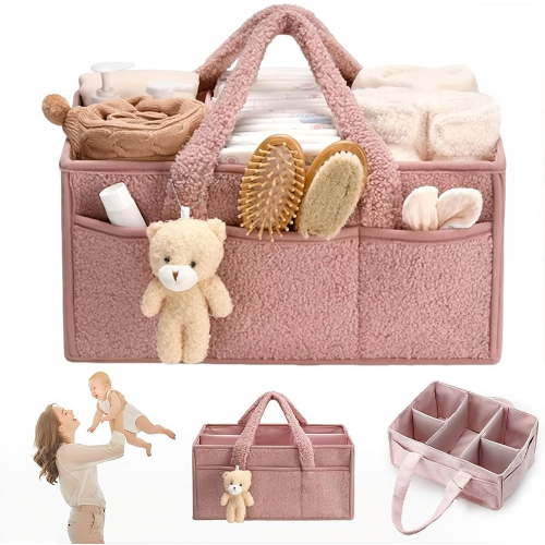 Nappy Caddy Organizer for Baby Changing Table, Portable Diaper Caddy With Removable Dividers/Handle, Newborn Essentials, Nursery Wipes Storage Bag, Gift for Mum, Baby Shower