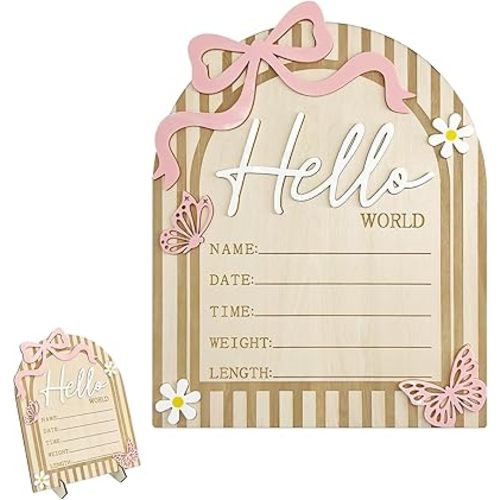 Baby Announcement Sign with Stand, Hello World Wooden Board for Newborn Hospital Photo Props, Pink Bow Nursery Decor, Birth Milestone Bulletin Board for Girl