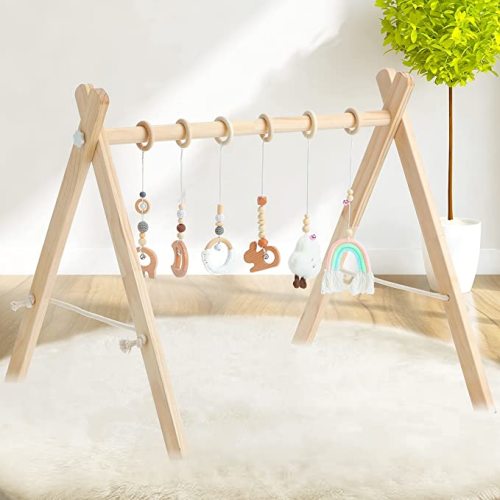 Golener Baby Play Gym Wooden Baby Gym with 6 Infant Activity Toys,Foldable Frame Hanging Bar,Toddler Activity Center with Pull Ring,Wood Gyms for Newborn Gift,Girl and Boy Shower gift,Easy to Assemble