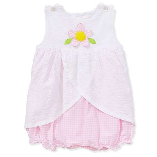 Petit Ami Baby Girls Sleeveless Seersucker Overlay Asymmetrical Skirt 3-D Flower Applique Sun Bubble Romper