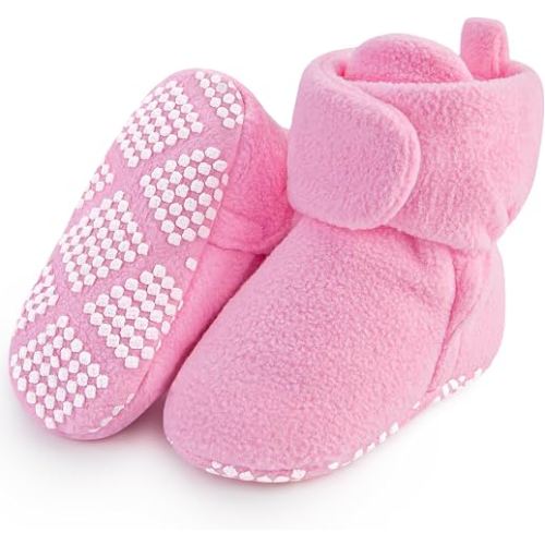 Pro Goleem Fleece Baby Booties, Warm Cozy Baby Slippers, Stay On Sock Shoes, Easy to Put on, Unisex Baby Gifts, Soft Non-Slip Adjustable Newborn Boots for Boys and Girls 0-3 Months, Pink