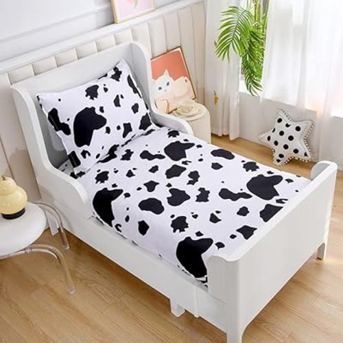Cow Printed Bed Fitted Sheet and Pillowcases Set,White and Black Deep Pocket Fitted Sheet,Soft Kids Sheets for Twin Size Bed (White Cow, Twin)