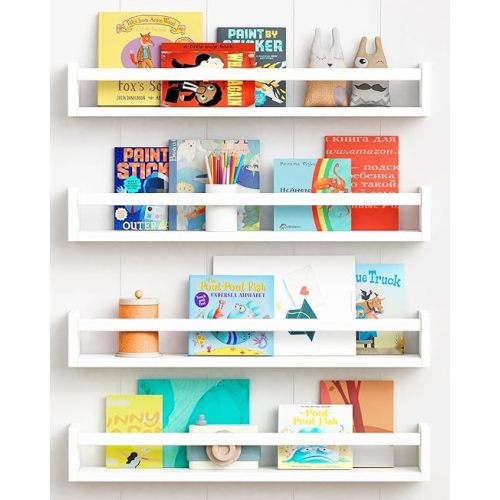 Forbena 24 Inch Wall Bookshelf for Kids Bedroom Set of 4, White Floating Nursery Book Shelves for Baby Toddler Children Girls Boys Room Decor, Large Wood Wall Mount Bookshelves and Toy Storage