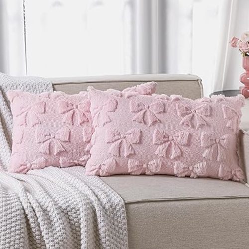Mixweer Bow Pillow Covers Set of 2 Coquette Room Decor Cute Faux Fur Soft Bowknot Preppy Stuff Fluffy Plush Aesthetic Pillow Covers for Bed Sofa Couch, Fall Christmas Decor(12 x 20 Inch,Pink)