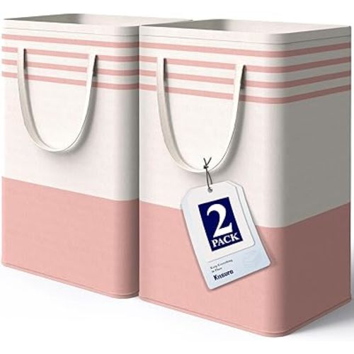 Kitsure Laundry Hamper - 2-Pack Collapsible Laundry Baskets with Well-Stitched Handles, Free-Standing Clothes Hamper with Rigid Top Edge for Household, Dorm Use, 2 x 75L, Pink