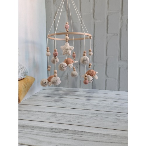 Crochet Turtle Baby Mobile: Boho Nursery Decor, Wooden Beads
