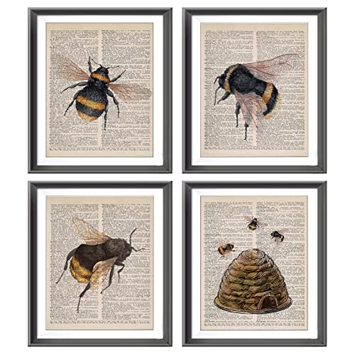 Farmhouse Honey Bee Bumblebee Beehive Poster Prints for Home, Kitchen, Bedroom, Living Room, Porch, Nursery, Classroom Decor - Honey Bee Dictionary Art 4pcs 8x10inches Unframed