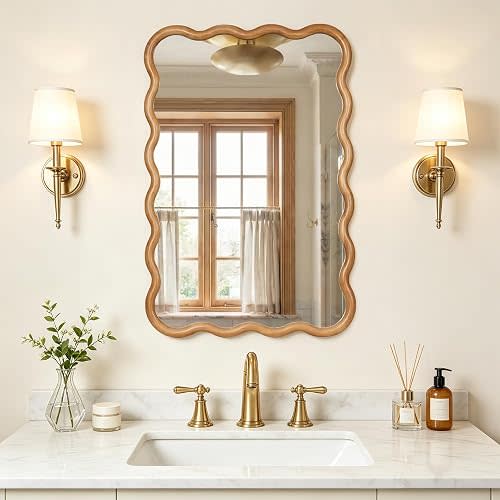 24"x36" Wavy Wood Mirror, Rectangular Wall Mirror with Natural Wooden Frame, Boho Farmhouse Country Bathroom Vanity Mirror, Decorative Accent Mirror for Bedroom, Living Room, Entryway