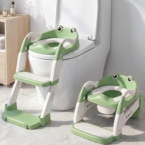 2-in-1 Potty Training Seat & Training Toilet & Potty Chair, Height AdjustableToddler Toilet Seat for Kids, Foldable Potty Training Toilet with Splash Guard & Anti-Slip Steps, Green