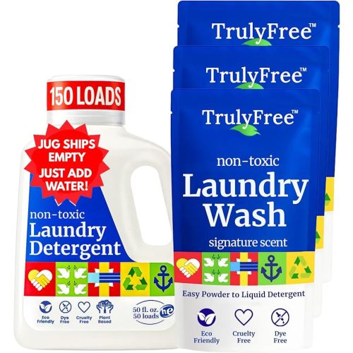 Truly Free Natural Laundry Detergent for Sensitive Skin | Eco Friendly, Plant Based, Baby Clothes Safe | Clean & Easy Powder to Liquid, 3 Pack Detergent + 1 Refillable Jug | Signature Scent 150 Loads