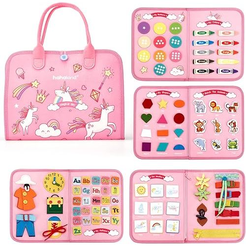 hahaland Toddler Busy Board Montessori Toys, 3 Year Old Girl Gifts Preschool Educational Learning Toys with Life Skills, Alphabet, Number, Shape, Color, Toddler Girl Stocking Stuffers Travel Busy Book
