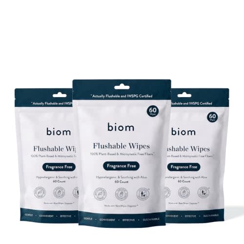 biom Flushable Wipes, Fragrance Free, 60ct, 3-Pack, 8 Inch Refill Rolls | Fragrance free wipes, 100% plastic-free, biodegradable fibers, gentle, water-based formula for sensitive skin