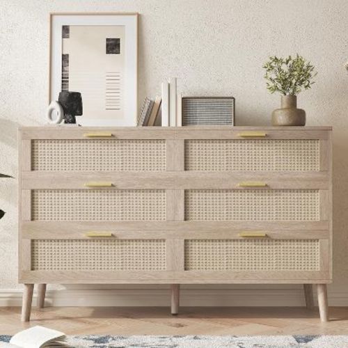 Oak Rattan 6-Drawer Dresser with Gold Handles and 5 Sturdy Legs, Farmhouse Style for Bedroom, Living Room & Entryway