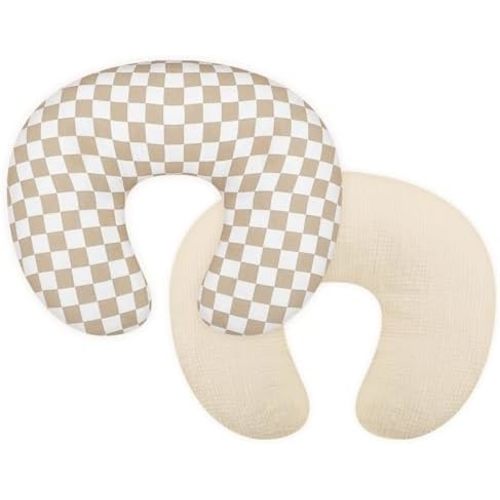DILIMI Muslin Nursing Pillow Cover 2 Pack, Removable Nursing Cover for Breastfeeding Pillows, Ultra Soft Comfortable Slipcover for Baby Girl and Boy, Beige and Brown Checkered
