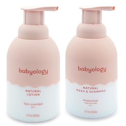 Babyology - 100% Edible Ingredients - All Natural Baby Wash and Shampoo Rose + Organic Baby Lotion SET - 12 FL OZ Good for Sensitive Skin or Eczema - Non Toxic - Fragrance Free (Set of 2)
