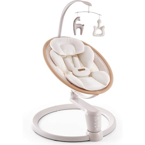 HARPPA Weddell Signature Baby Electric Swing for Newborns and Infants, Elevated Eye-Level Seat, 180° Rotation with Dual Motion, 5-Point Harness, 5 Speeds & Remote Control, Beige