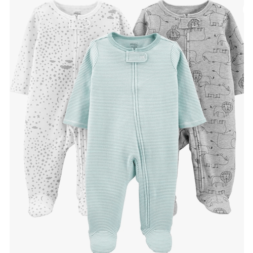 Simple Joys by Carter's Kid's 3-Pack Sleep and Play Sleepwear, Mint/Stripes/Heather Grey/Prints, NB