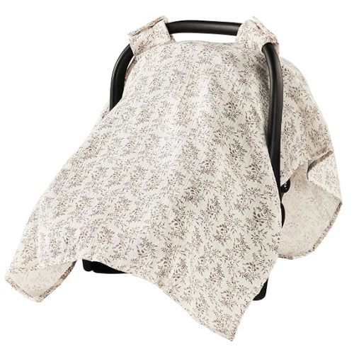 Babygreat 100% Muslin Cotton Car Seat Cover for Baby, Soft Breathable Car Seat Canopy, Universal Infant Carseat Cover Sun Protector, Lightweight Summer Stroller Cover for Boys Girls - Strawberry