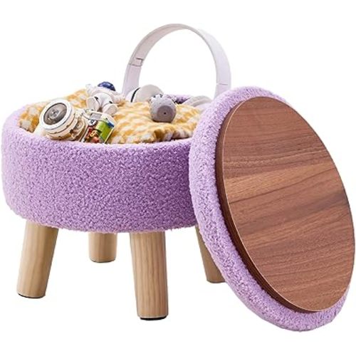 Wimarsbon Storage Ottoman, Modern Round Footrest with Soft Padded Seat, Teddy Velvet Footstool with Wood Legs, Accent Small Table or Plant Stand for Hallway, Living Room (Purple)