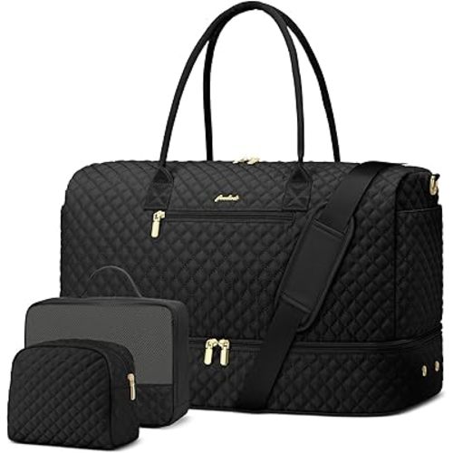 Travel Weekender Duffle Bag for Women - Overnight Bag with Shoe Compartment Carry on Bag with Toiletry Bag Gym Duffel Bag with Wet Pocket Hospital Bags for Labor and Delivery 3 Pcs Set Black