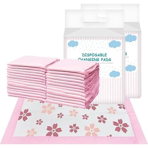 Disposable Changing Pad Liners for Baby 17 x 13 Inches (50 Pack) Absorbent Waterproof Underpads Incontinence Care Soft Non-Woven Fabric Breathable Changing Pad (Cherry Blossom)