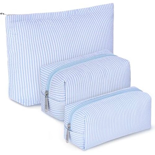 Huhumy 3 Pcs Makeup Bag Set Cute Stripe Cosmetic Pouch for Women Aesthetic Seersucker Travel Toiletry Bag Set Preppy Small Makeup Purse Pouch Cosmetic Organizer Pencil Case with Zipper(Blue)