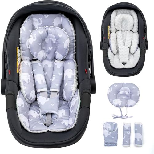 Baby Car Seat Head Support with Extra Headrest, Adjustable Infant Car Seat Insert with Shoulder Pads Set, Breathable Mink Dot Carseat Cushion for Newborn, Fits for Stroller, Baby Swing, Bouncer