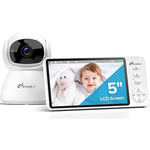 iFamily Baby Monitor with Camera and Audio – 720P HD Resolution, Large Display, 5000mAh Battery, Night Vision, Remote Pan, Tilt, and Zoom – Two-Way Talk, Lullabies, Thermal Monitor, 960ft Range