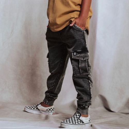 Relaxed Fit Cargo Joggers - Washed Black Denim