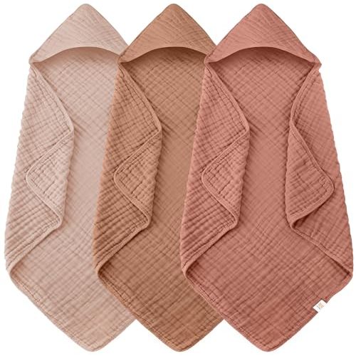 Ease Cubs 3-Pack Muslin Hooded Baby Towels, 100% Cotton, Ultra-Soft & Absorbent Baby Bath Towels with Hood for Babies, Infant, Toddler and Newbron (Bean Paste Series,32" x 32")