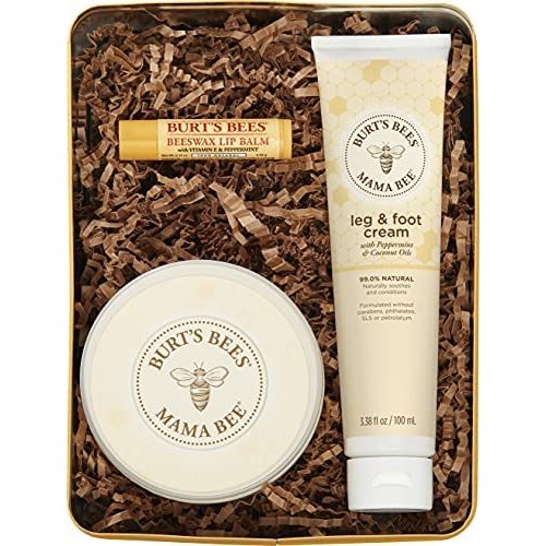 Burts Bees Gift Set, 3 Pregnancy Skin Care Products - Mama Belly Butter, Lip Balm Original Beeswax, Leg & Foot Cream, with Giftable Tin