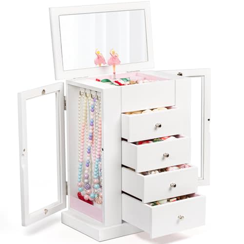 Emfogo Jewelry Box for Girls, Musical Jewelry Box with Spinning Dancer Gifts for Little Girls Christmas New Year Birthday Children's Day, 5 Layer Large Wooden Kids Music Jewelry Organizer Box(White)