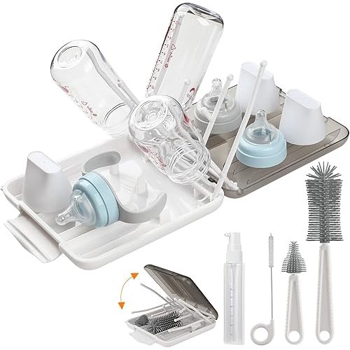 6 in 1 Bottle Cleaning Brush Set with Silicone Bottle Brush, Nipple Brush, Straw Brush, Soap Dispenser, Drying Rack for Baby Bottle and Water Bottle, Space Saving Baby Essentials for Home and Travel
