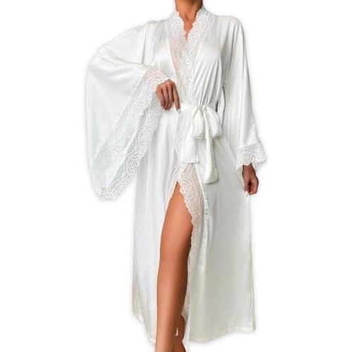 Silk Long Robe For Women, Satin Lace-Trim, Bride Wedding-Night, Bridal Bridesmaid Kimono Robes Lightweight
