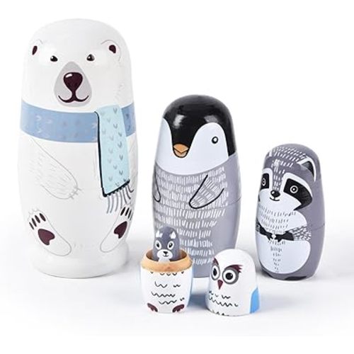 Nesting Dolls, 5Pcs 6" Tall Russian Nesting Dolls, Handmade Matryoshka for Kids, Wooden Stacking Toys for Christmas Home Wedding Party Decorations (Polar Bear)