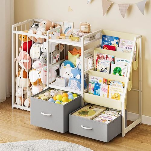 Kids Bookshelf and Toy Storage, Large 3 Tier Book Shelf for Kids Rooms, Sling Baby Bookcase with Stuffed Animal Storage, Toddler Montessori Bookshelf for Nursery, Playroom, Kindergarten